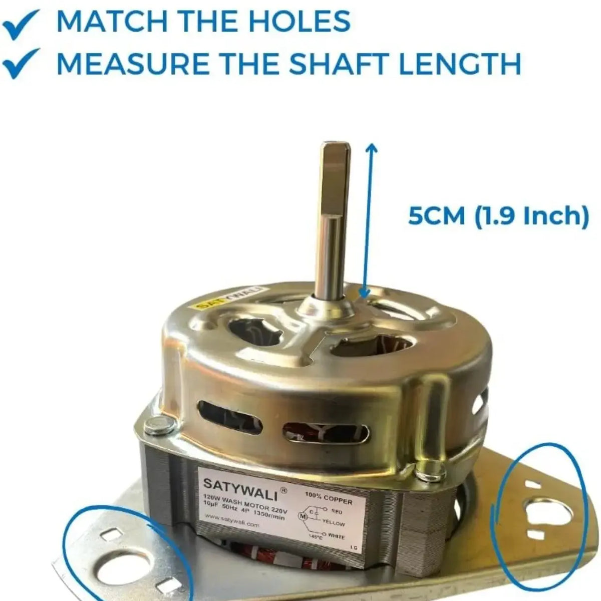 LG semi automatic washing machine wash motor – shaft length 5 cm and mounting holes marked