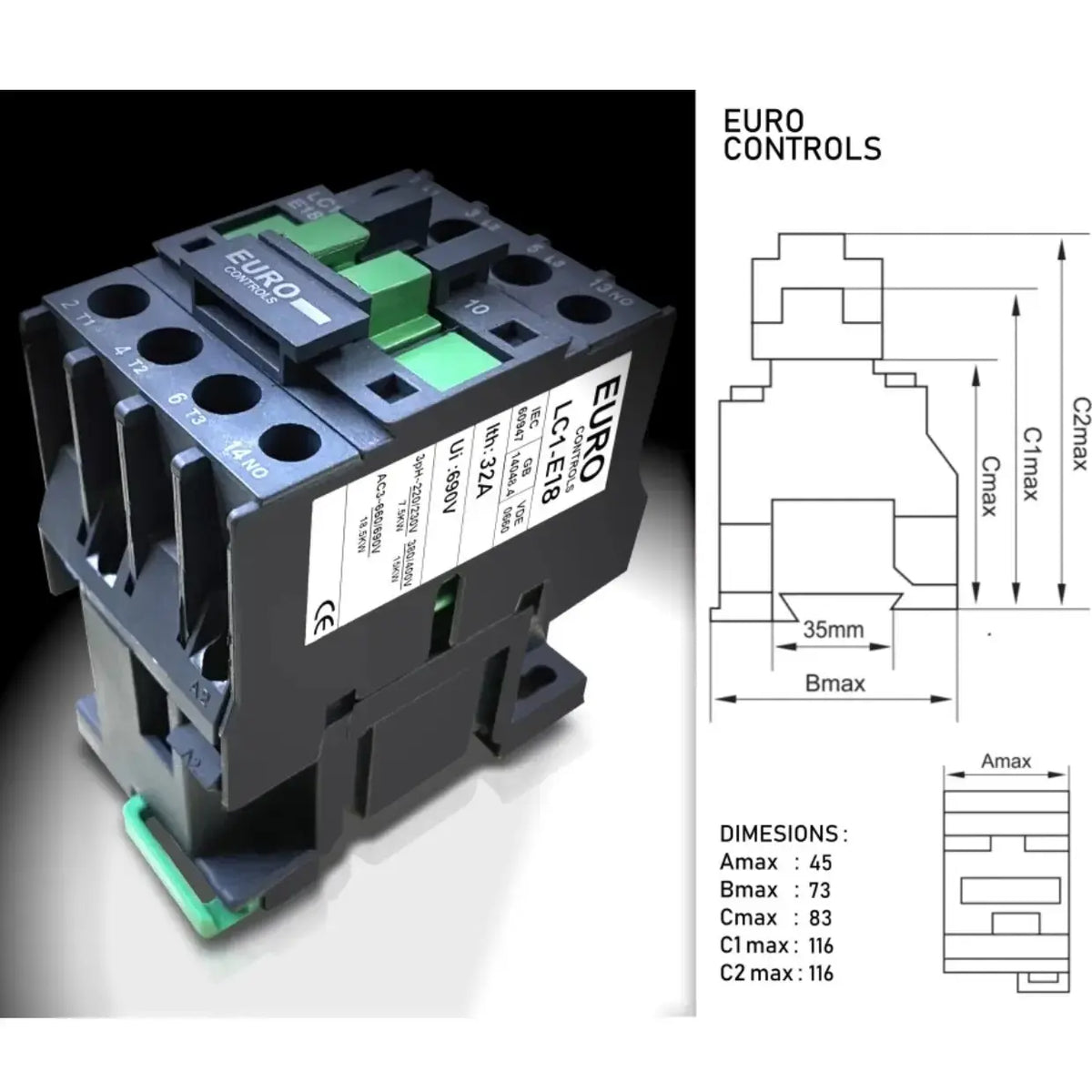 Power Contactor LC1-E18 18 Amps Volts 220 AC 3 Pole 3NO Copper coil heavy duty 1 – view 3
